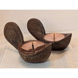 Vntg Handcrafted Wooden Candle Holders With Copper Inserts Yugoslavia Folk Art